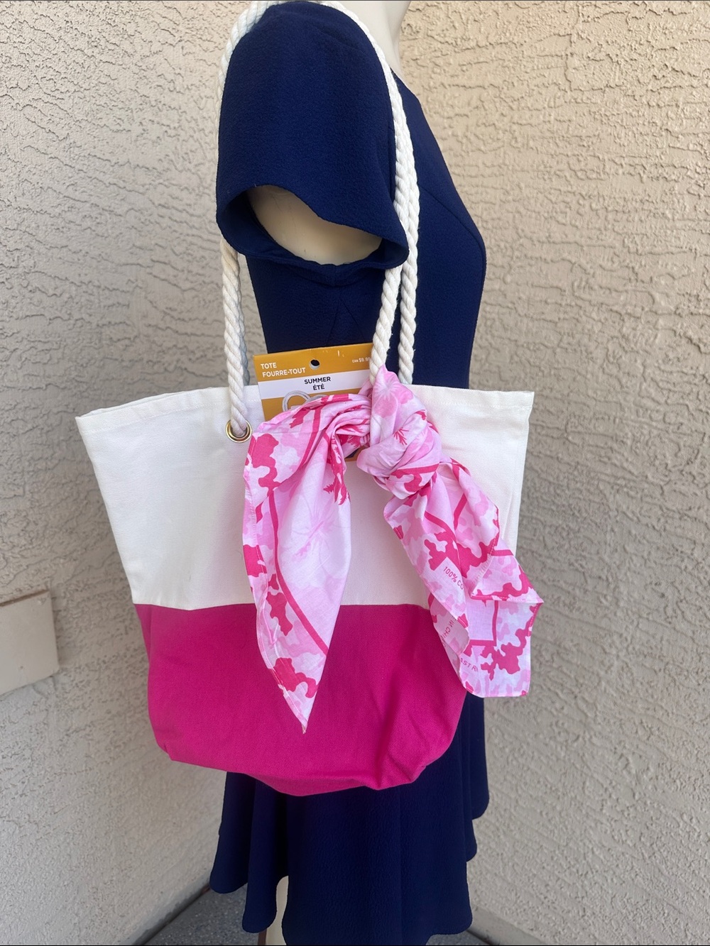 White and Pink Canvas Tote Bag with Rope Handles and Pink Scarf